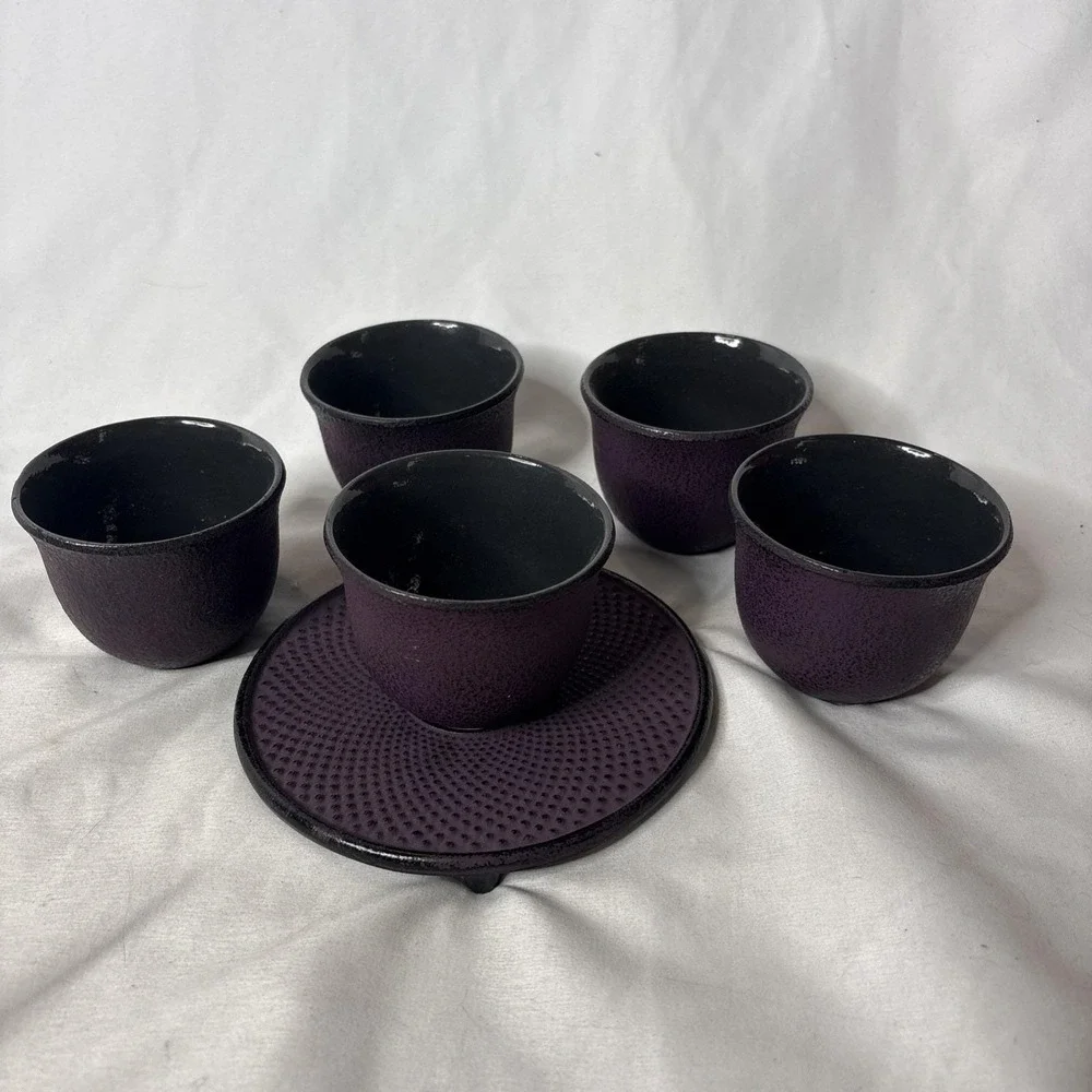 Vtg Purple Hobnail Cast Iron Japanese Tetsubin Teacup Set 5 Cups 1 Saucer